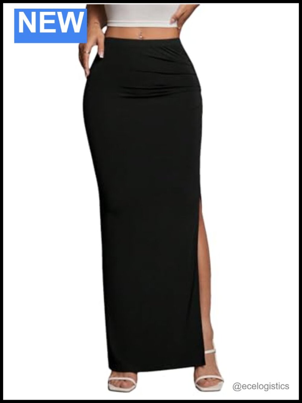 Women's High Waist Bodycon Maxi Skirt Side Split Thigh Ruched Ankle Length